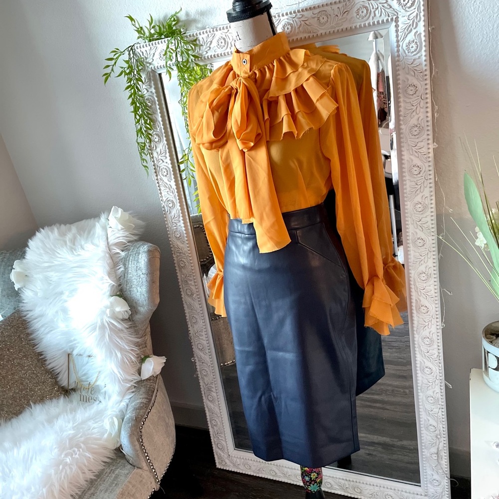 Sheer Button Front Bow Blouse Small - image 1